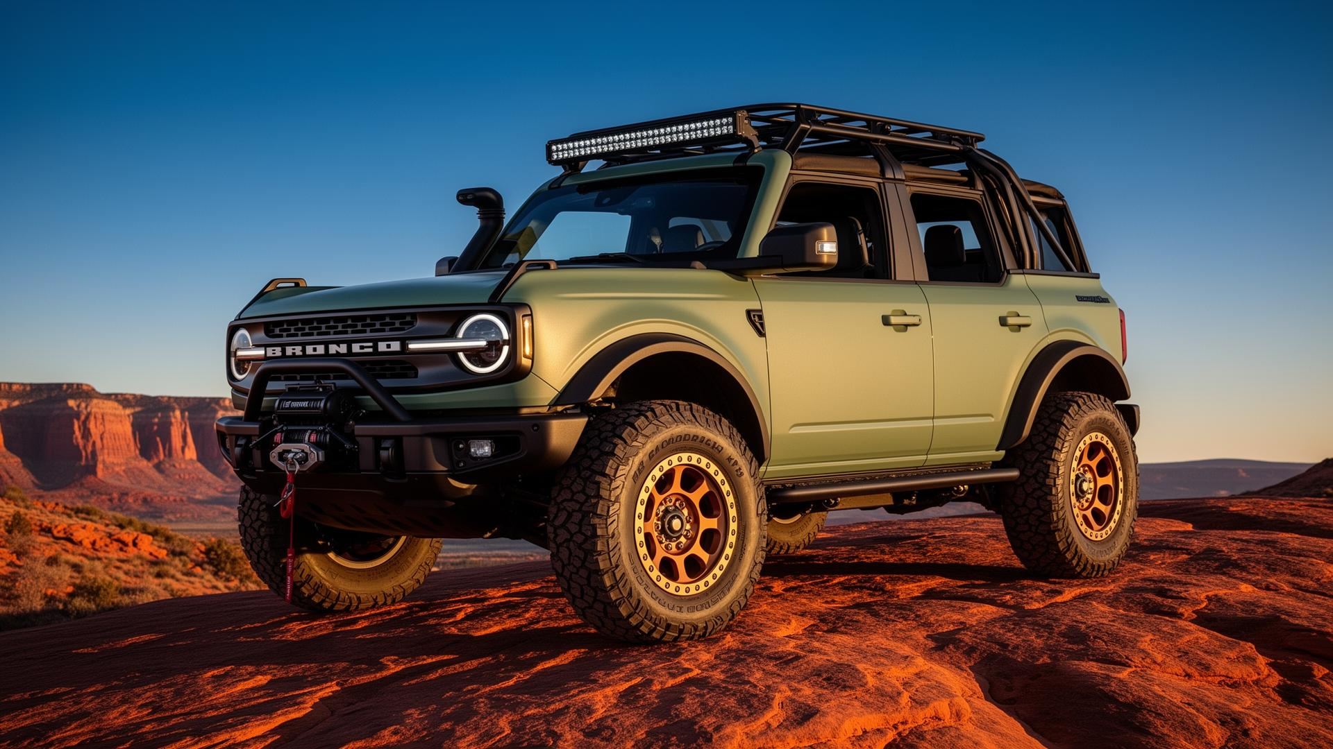 Custom Ford Bronco Wildtrak at golden hour in Moab